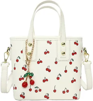 Small Chic Cherry Shoulder Bag Purse for Women PU Leather Cherry Pattern Top-handle Handbag Small Satchel Bag
