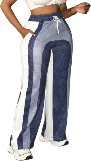 SOLY HUX Women's High Waisted Drawstring Sweatpants Vintage Color Block Wide Leg Baggy Pants