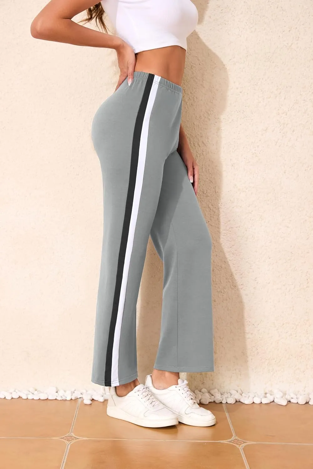 Sports Pants for Women High Waist Tummy Control Trousers Elastic Color Block Flare Sweatpants
