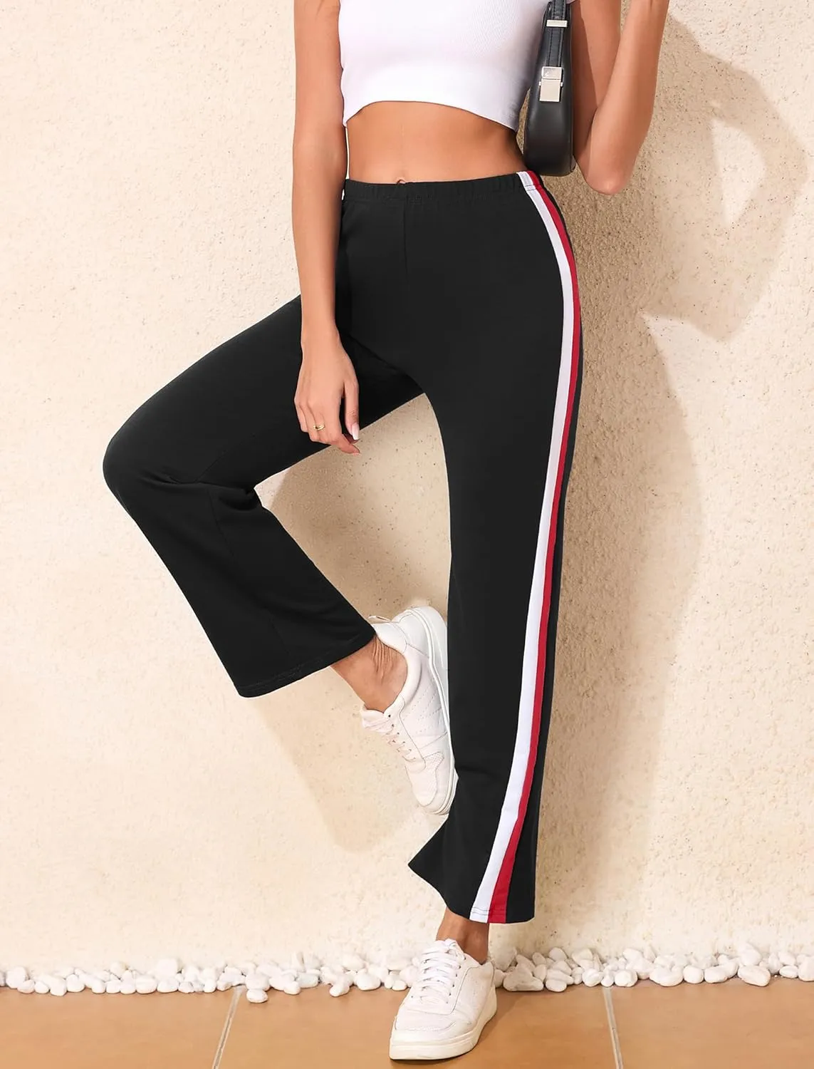 Sports Pants for Women High Waist Tummy Control Trousers Elastic Color Block Flare Sweatpants