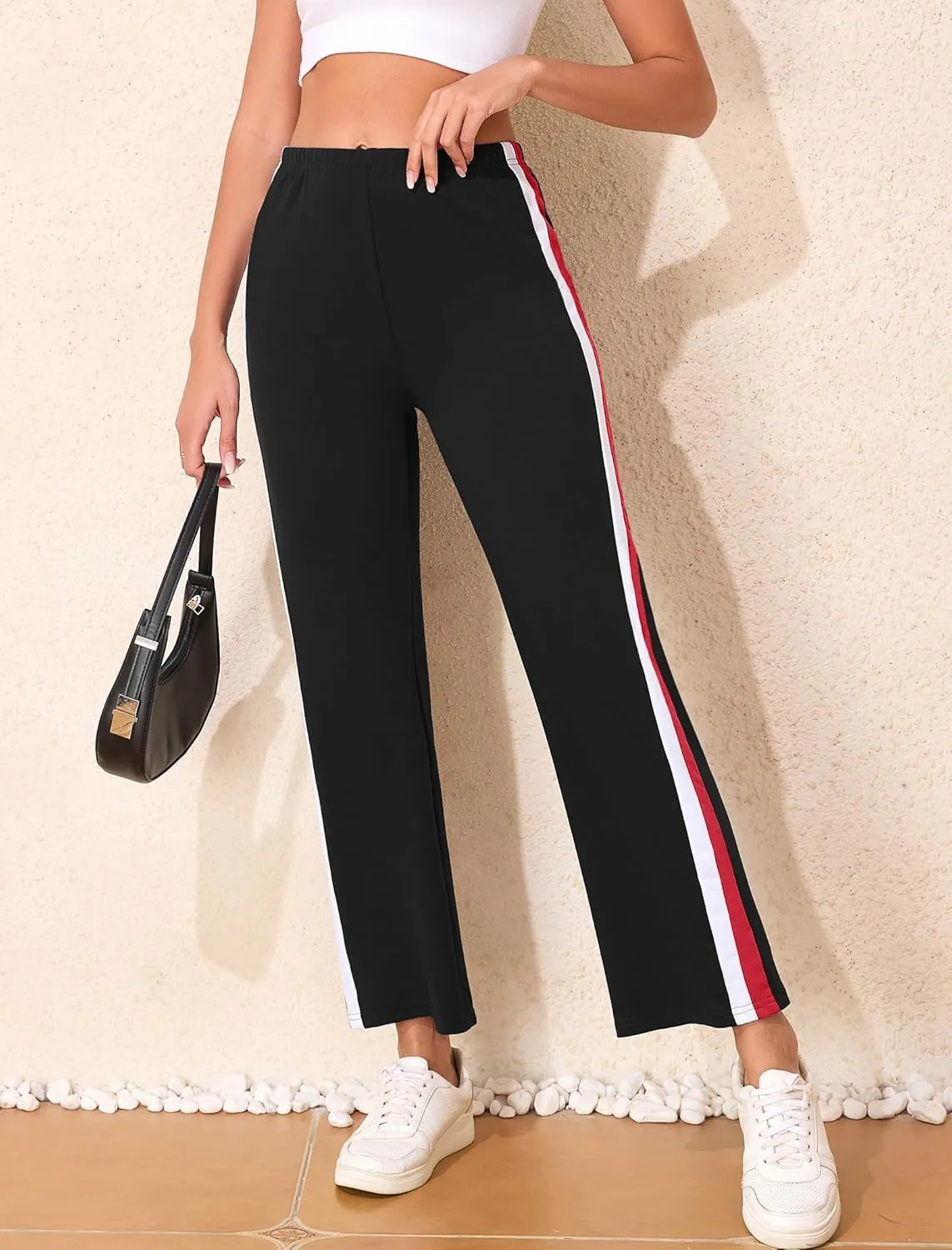 Sports Pants for Women High Waist Tummy Control Trousers Elastic Color Block Flare Sweatpants