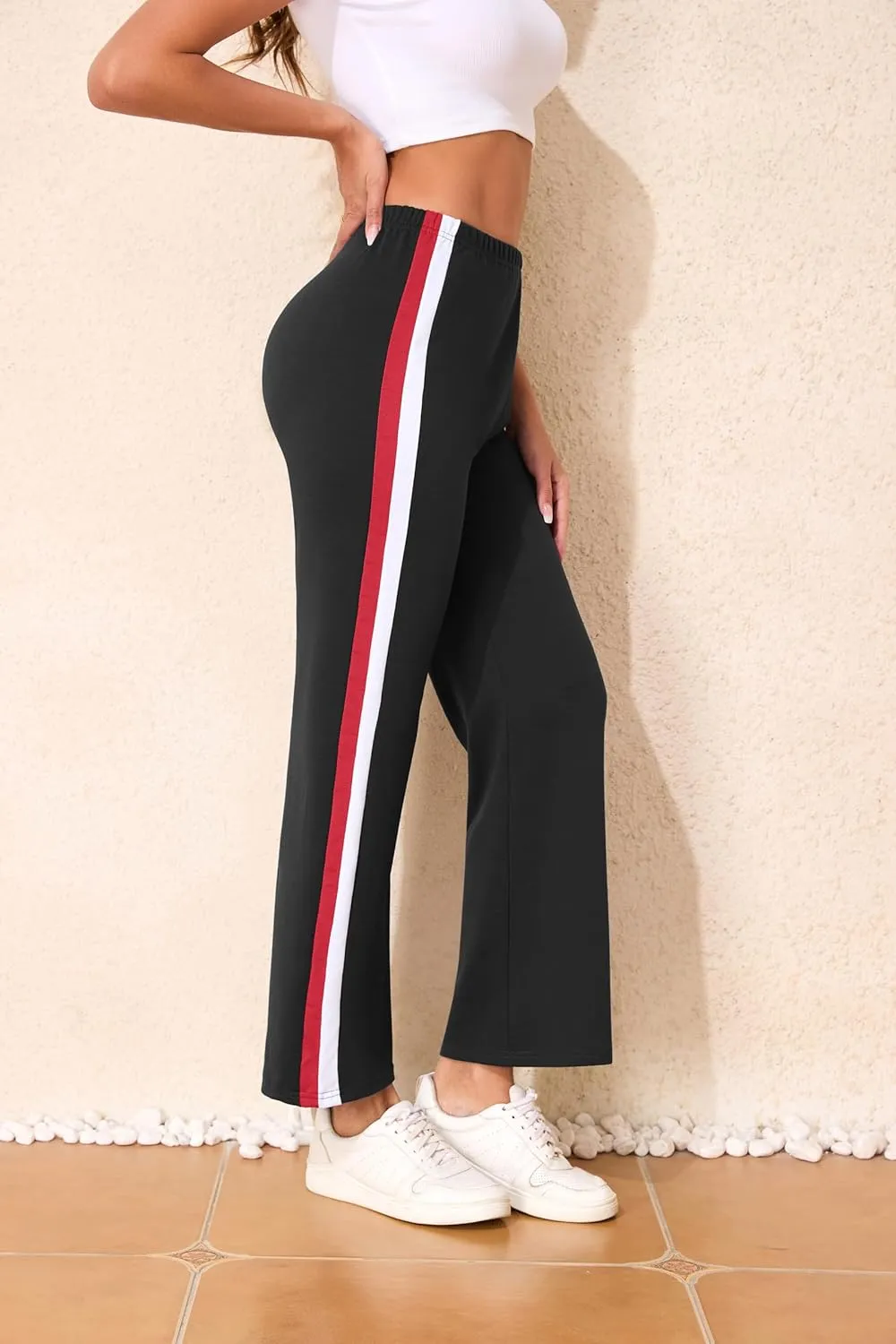 Sports Pants for Women High Waist Tummy Control Trousers Elastic Color Block Flare Sweatpants