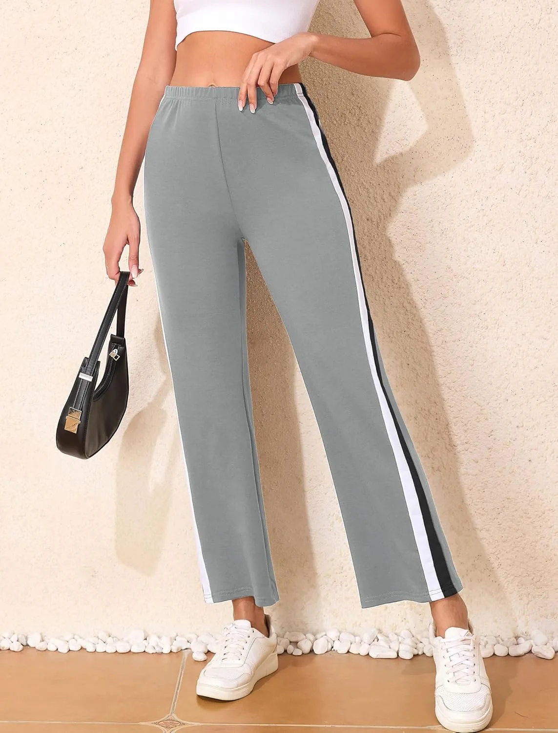 Sports Pants for Women High Waist Tummy Control Trousers Elastic Color Block Flare Sweatpants