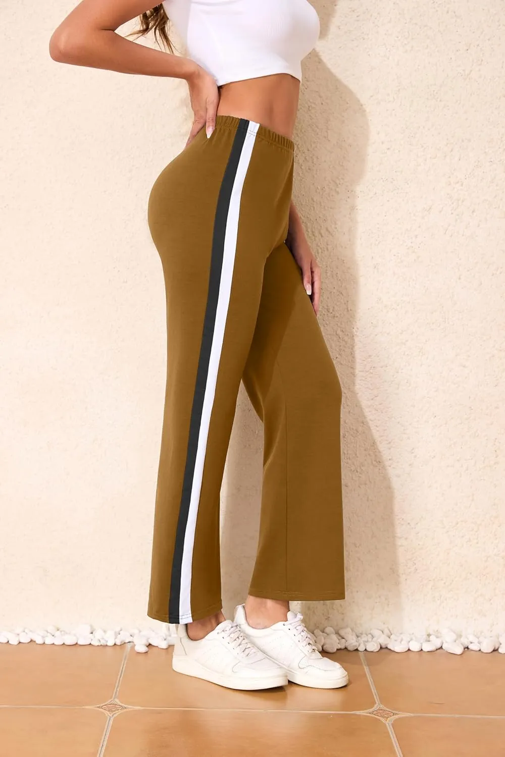 Sports Pants for Women High Waist Tummy Control Trousers Elastic Color Block Flare Sweatpants