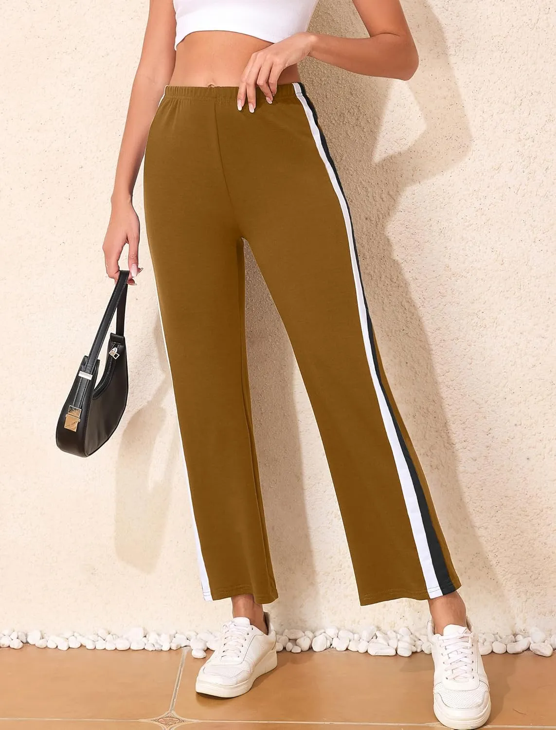 Sports Pants for Women High Waist Tummy Control Trousers Elastic Color Block Flare Sweatpants