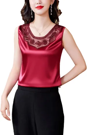 Spring Summer Casual Lace Vest Shirt Round Neck Patchwork Embroidered Satin Women Camisole Tank Top