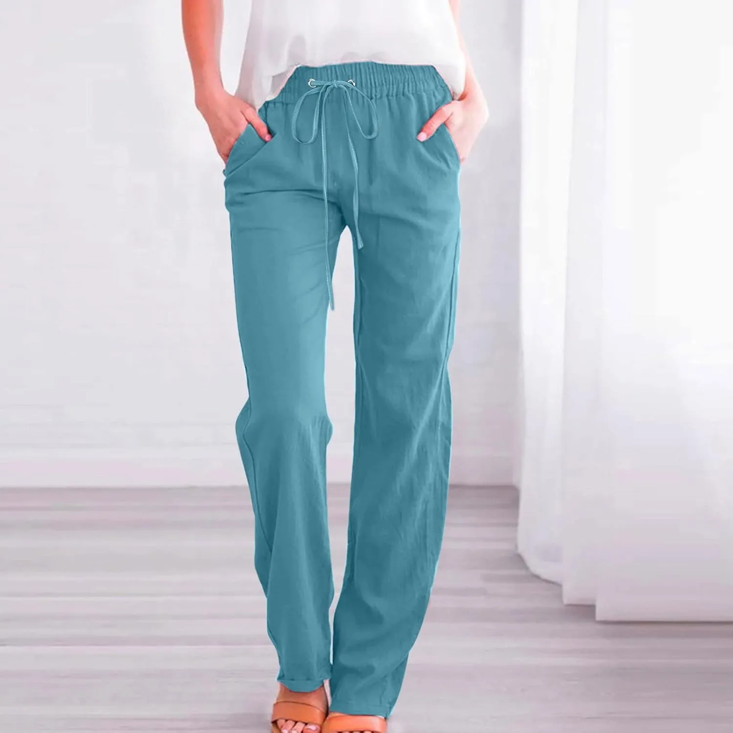 Straight Leg Pants For Women Long Cotton Linen Trouser Elastic High Waist Drawstring Loose Fit Palazzo Sweatpants