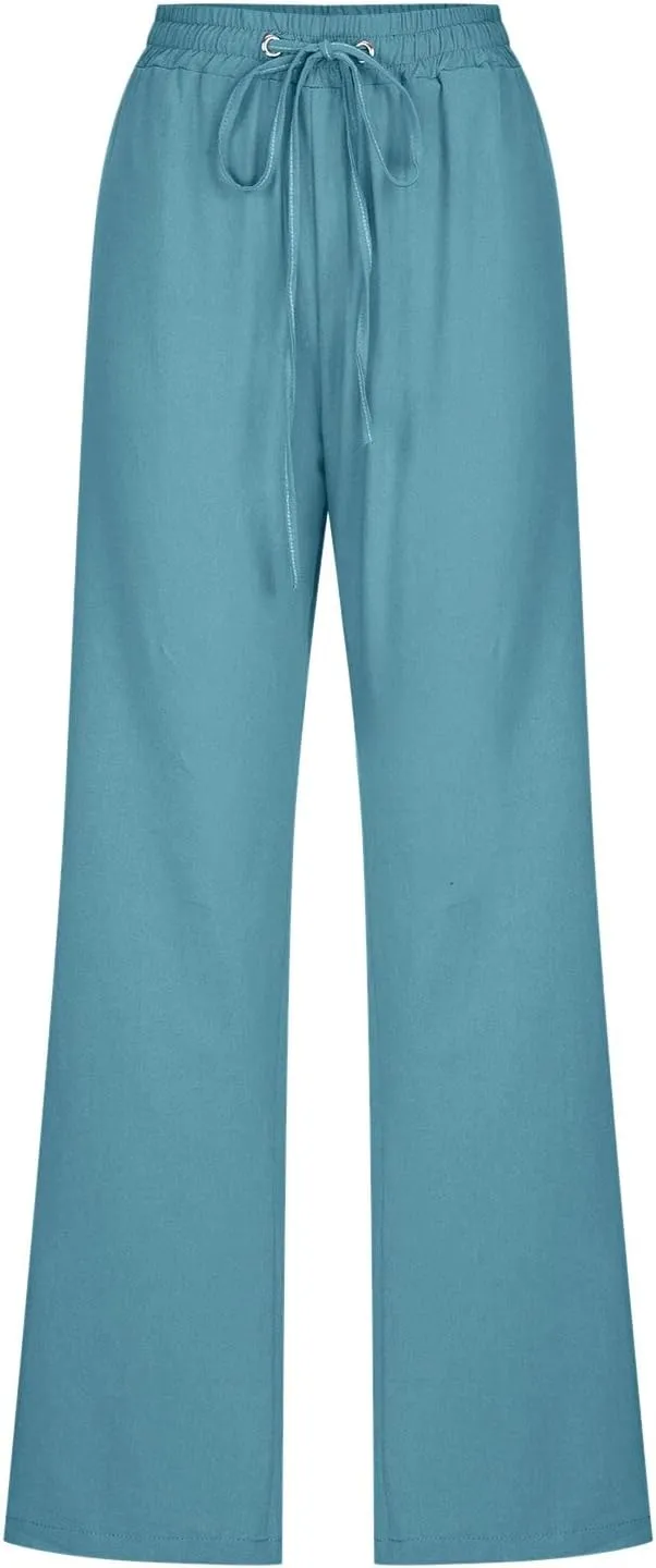 Straight Leg Pants For Women Long Cotton Linen Trouser Elastic High Waist Drawstring Loose Fit Palazzo Sweatpants