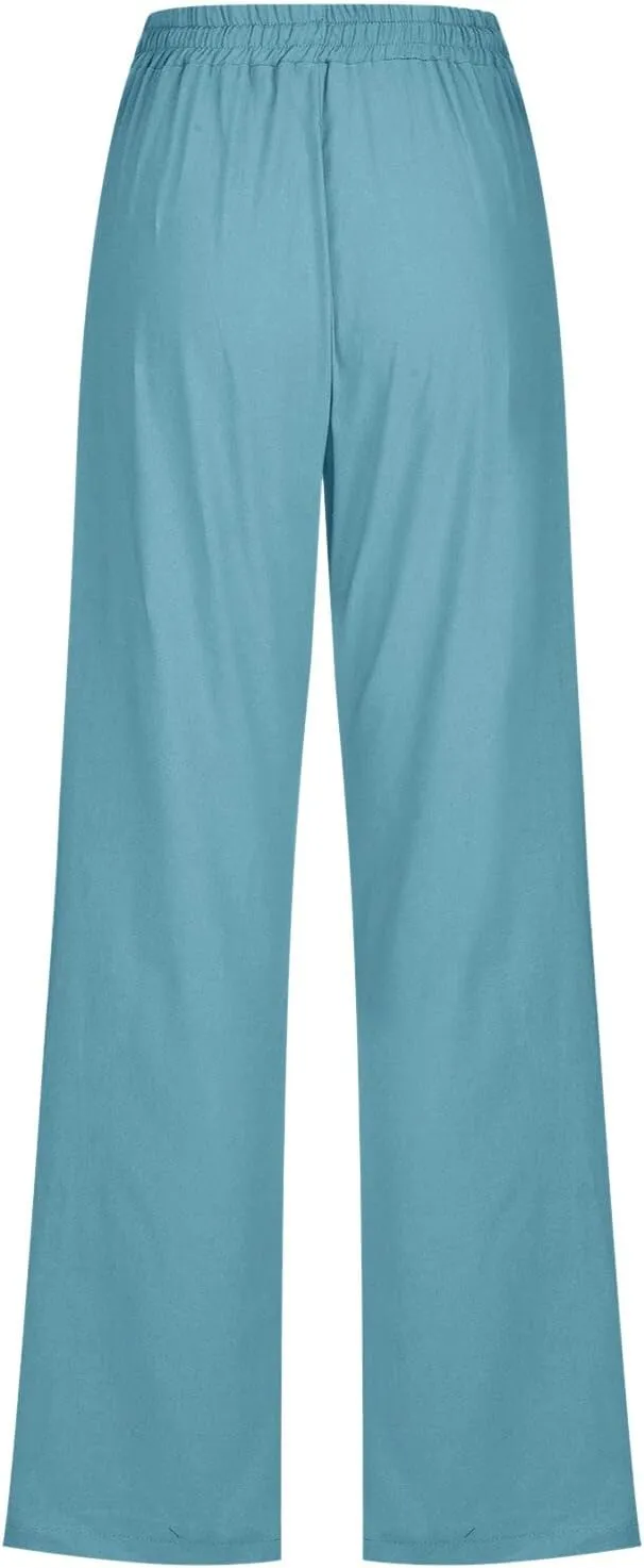 Straight Leg Pants For Women Long Cotton Linen Trouser Elastic High Waist Drawstring Loose Fit Palazzo Sweatpants