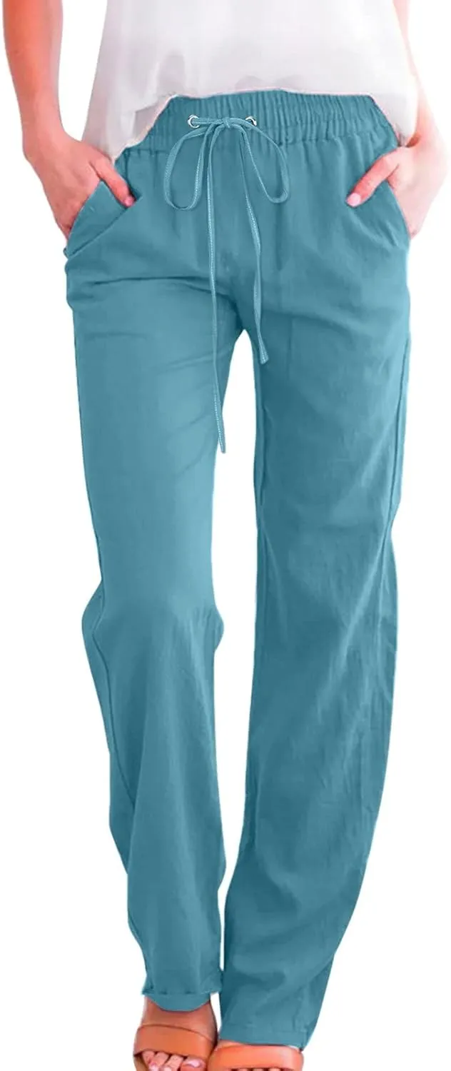 Straight Leg Pants For Women Long Cotton Linen Trouser Elastic High Waist Drawstring Loose Fit Palazzo Sweatpants