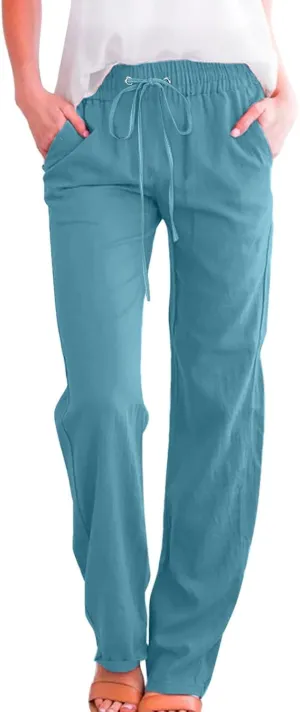 Straight Leg Pants For Women Long Cotton Linen Trouser Elastic High Waist Drawstring Loose Fit Palazzo Sweatpants