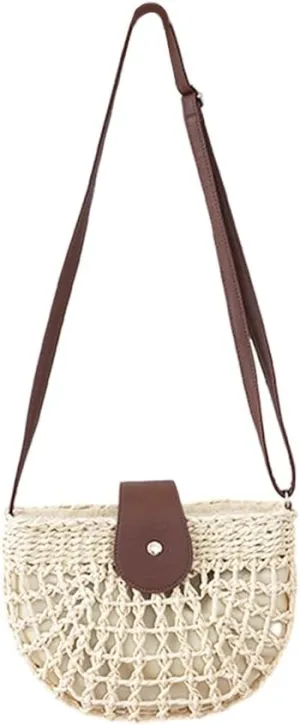 Straw Pocketbook Crossbody Bag for Women, Summer Chic Woven Handbag Shoulder Purse Saddle Bag with Adjustable Strap