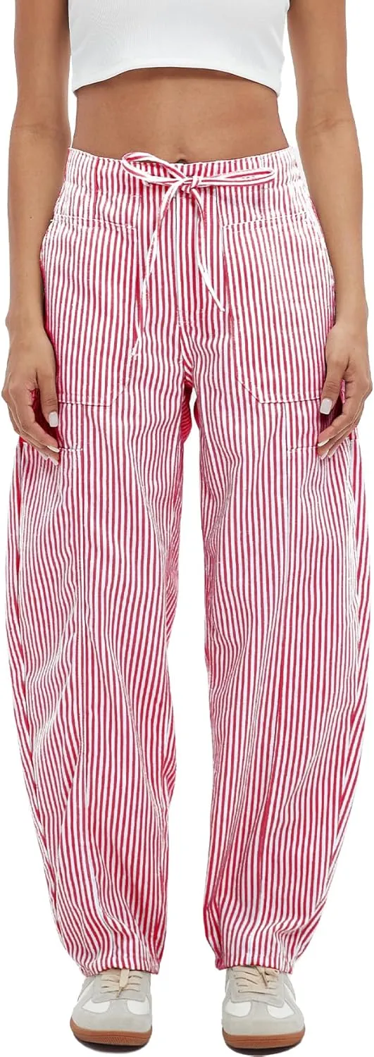 Striped Pants Women Loose Mid Rise Stripe Barrel Jeans Casual Wide Leg Denim Trouser with Drawstring