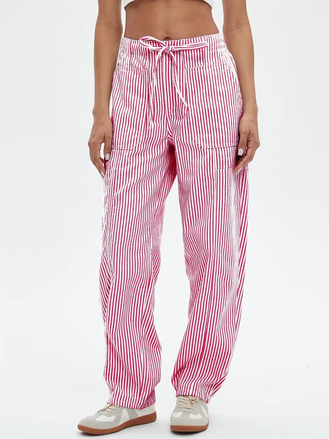 Striped Pants Women Loose Mid Rise Stripe Barrel Jeans Casual Wide Leg Denim Trouser with Drawstring