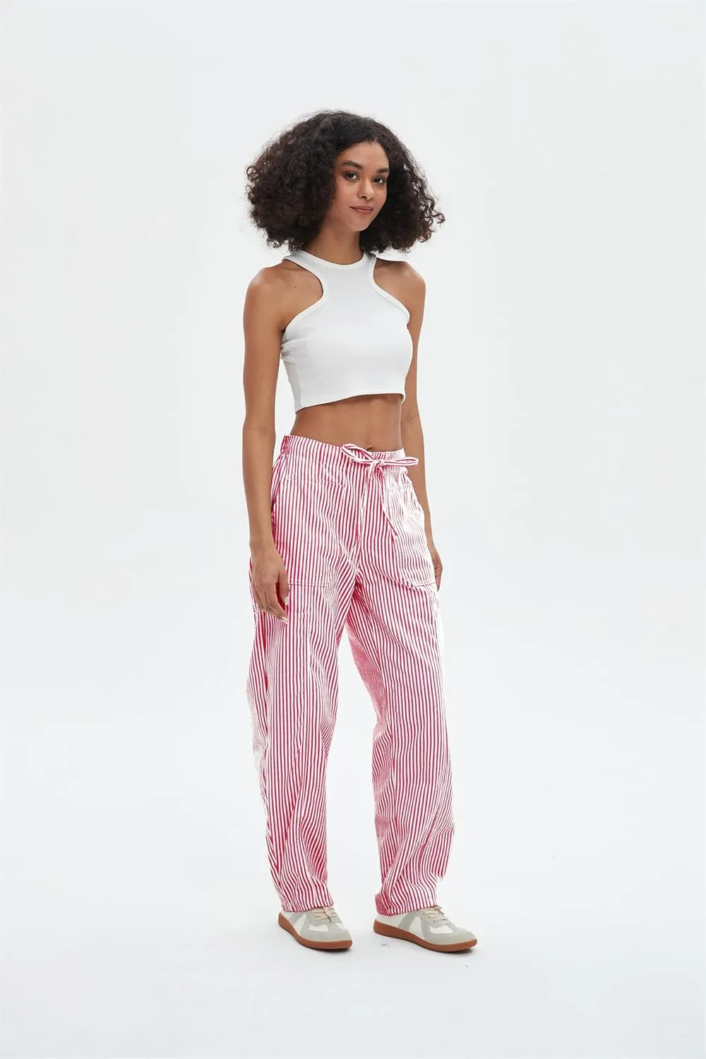 Striped Pants Women Loose Mid Rise Stripe Barrel Jeans Casual Wide Leg Denim Trouser with Drawstring
