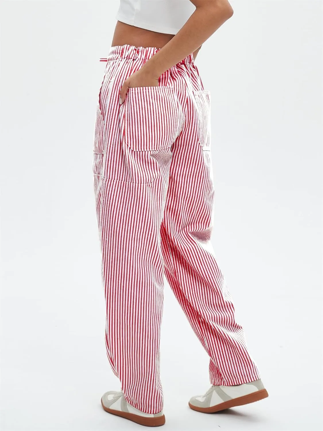 Striped Pants Women Loose Mid Rise Stripe Barrel Jeans Casual Wide Leg Denim Trouser with Drawstring