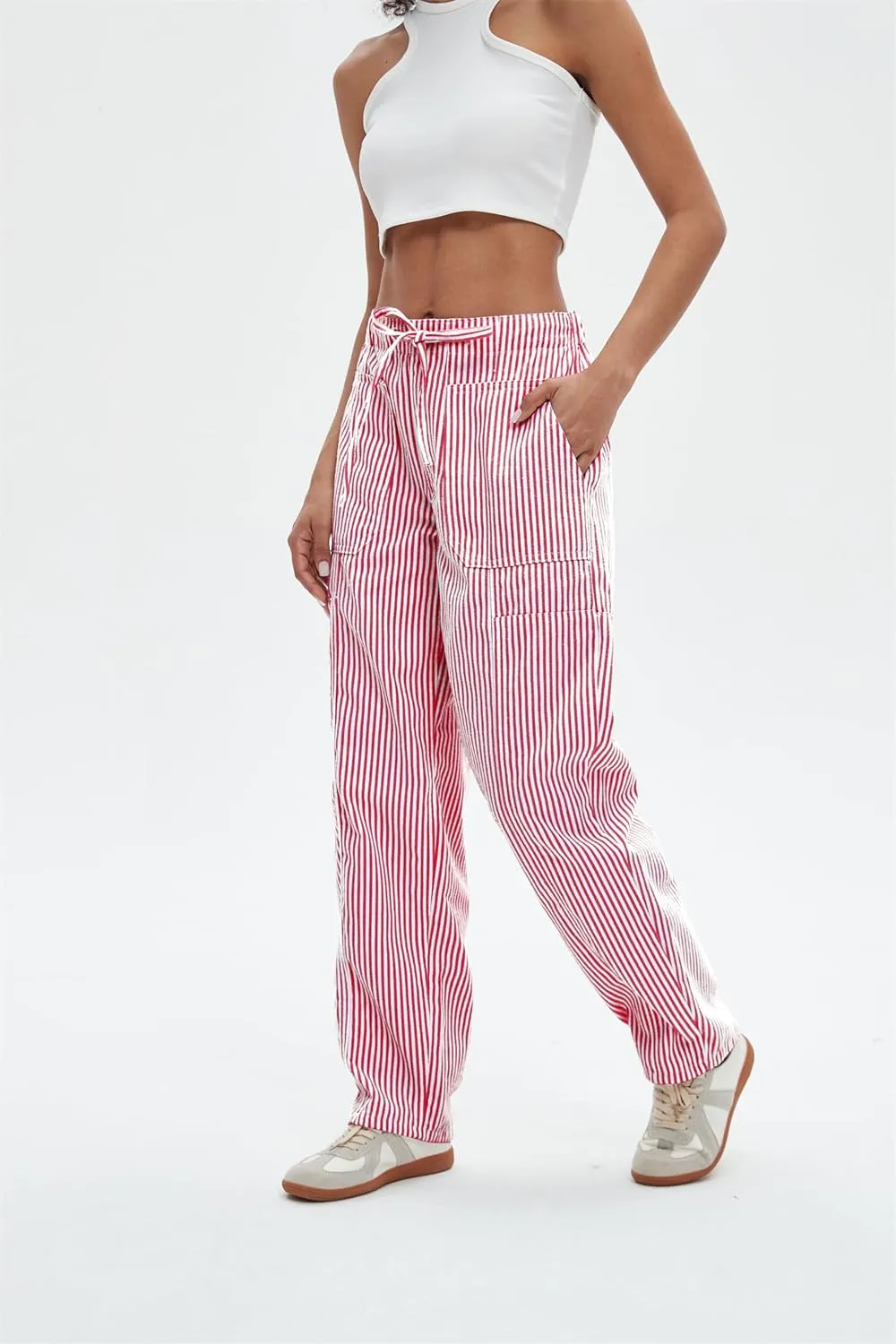 Striped Pants Women Loose Mid Rise Stripe Barrel Jeans Casual Wide Leg Denim Trouser with Drawstring