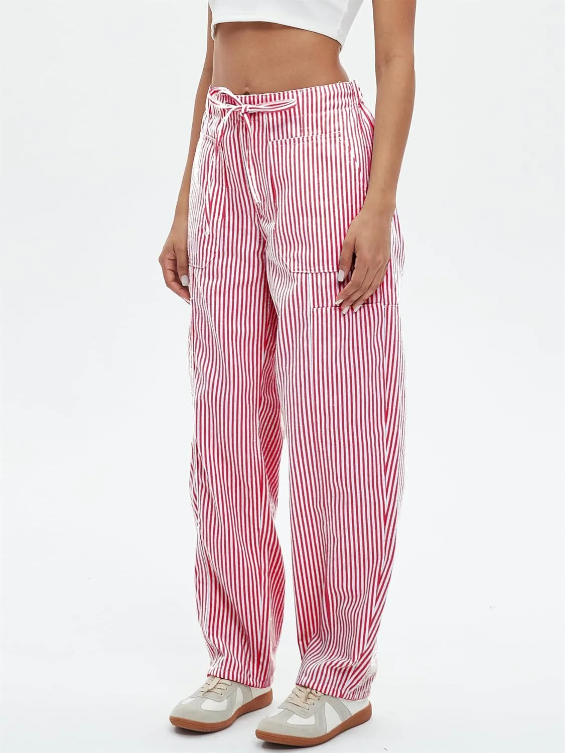 Striped Pants Women Loose Mid Rise Stripe Barrel Jeans Casual Wide Leg Denim Trouser with Drawstring