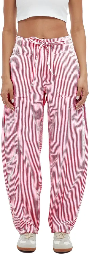 Striped Pants Women Loose Mid Rise Stripe Barrel Jeans Casual Wide Leg Denim Trouser with Drawstring