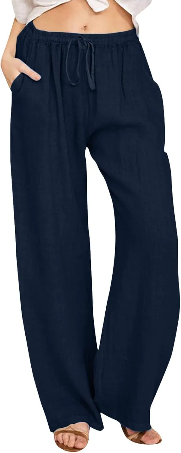 Summer Casual Pants For Women 2024 Trendy High Waist Pants Wide Leg Linen Palazzo Pants Lightweight Flowy Trouser