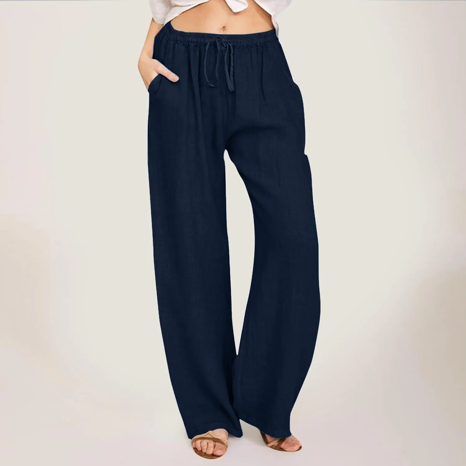 Summer Casual Pants For Women 2024 Trendy High Waist Pants Wide Leg Linen Palazzo Pants Lightweight Flowy Trouser