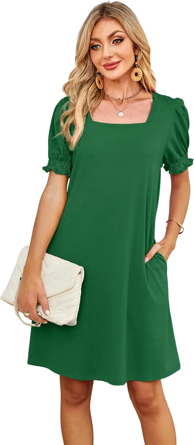 Summer Dresses for Women 2025 Casual Cute Square Neck Puff Short Sleeve Dress with Pockets