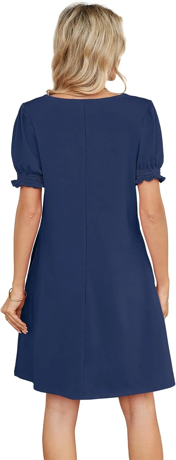 Summer Dresses for Women 2025 Casual Cute Square Neck Puff Short Sleeve Dress with Pockets