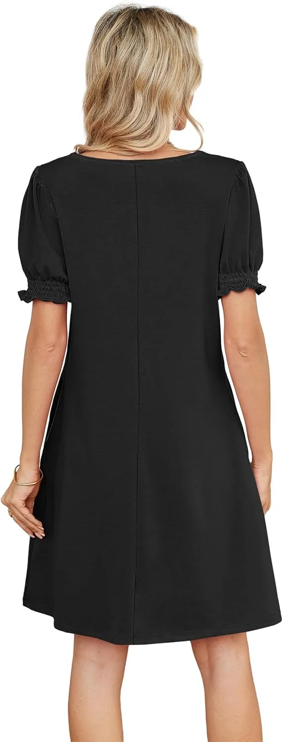 Summer Dresses for Women 2025 Casual Cute Square Neck Puff Short Sleeve Dress with Pockets