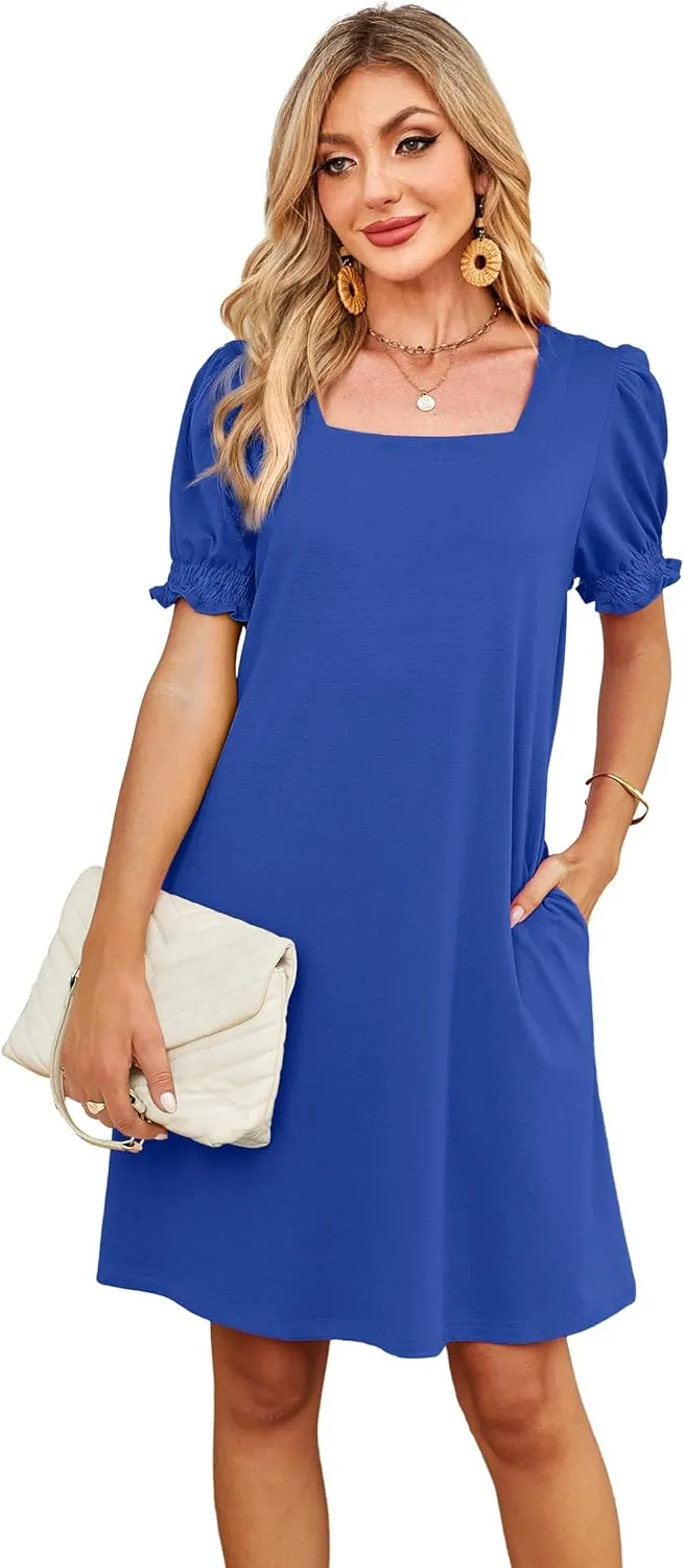 Summer Dresses for Women 2025 Casual Cute Square Neck Puff Short Sleeve Dress with Pockets