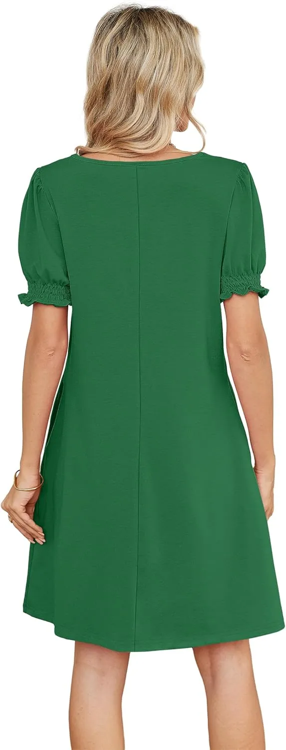 Summer Dresses for Women 2025 Casual Cute Square Neck Puff Short Sleeve Dress with Pockets