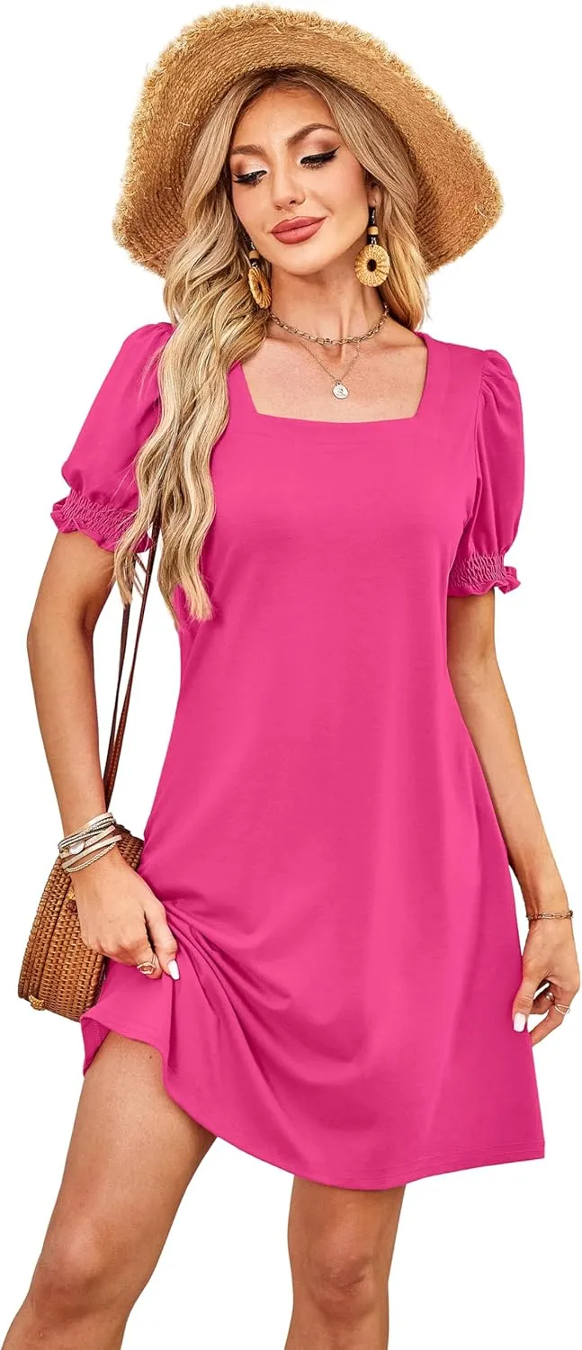 Summer Dresses for Women 2025 Casual Cute Square Neck Puff Short Sleeve Dress with Pockets