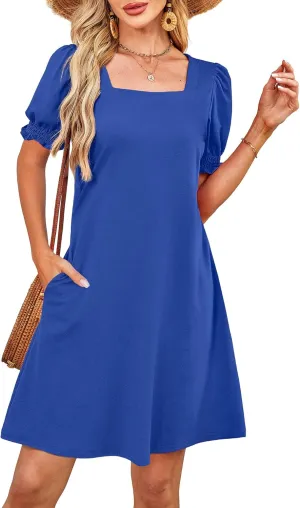 Summer Dresses for Women 2025 Casual Cute Square Neck Puff Short Sleeve Dress with Pockets