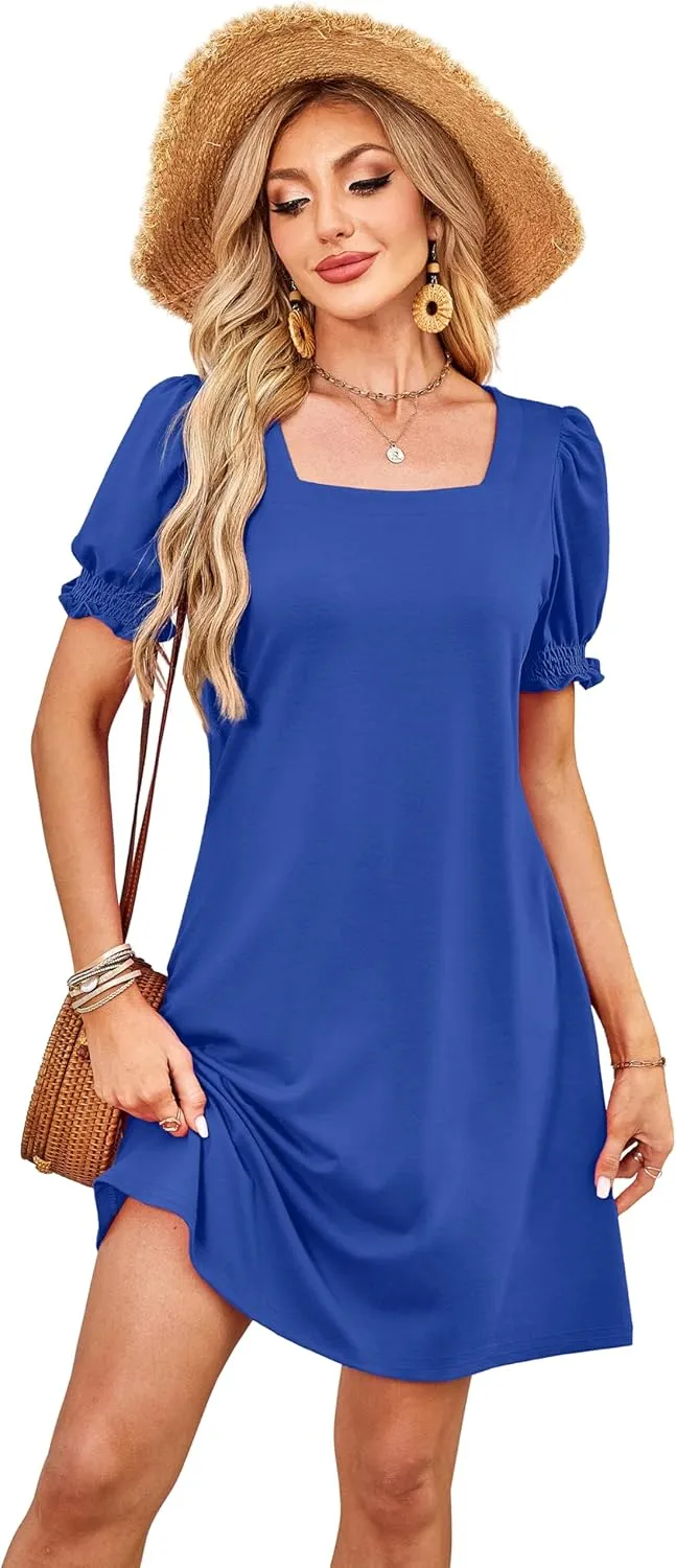 Summer Dresses for Women 2025 Casual Cute Square Neck Puff Short Sleeve Dress with Pockets