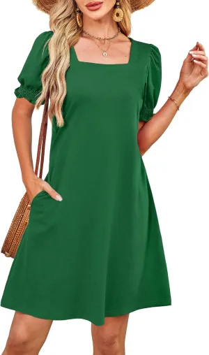 Summer Dresses for Women 2025 Casual Cute Square Neck Puff Short Sleeve Dress with Pockets
