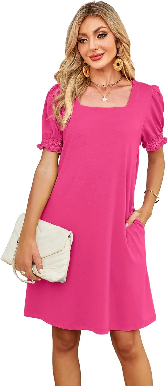 Summer Dresses for Women 2025 Casual Cute Square Neck Puff Short Sleeve Dress with Pockets