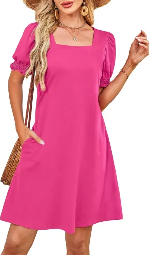 Summer Dresses for Women 2025 Casual Cute Square Neck Puff Short Sleeve Dress with Pockets
