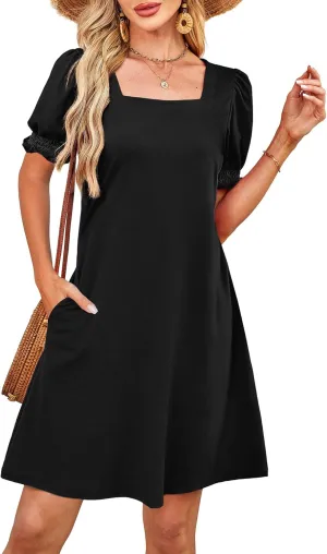 Summer Dresses for Women 2025 Casual Cute Square Neck Puff Short Sleeve Dress with Pockets
