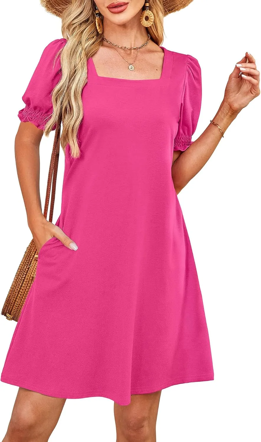 Summer Dresses for Women 2025 Casual Cute Square Neck Puff Short Sleeve Dress with Pockets