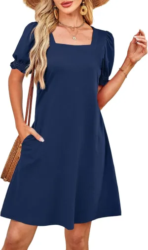 Summer Dresses for Women 2025 Casual Cute Square Neck Puff Short Sleeve Dress with Pockets