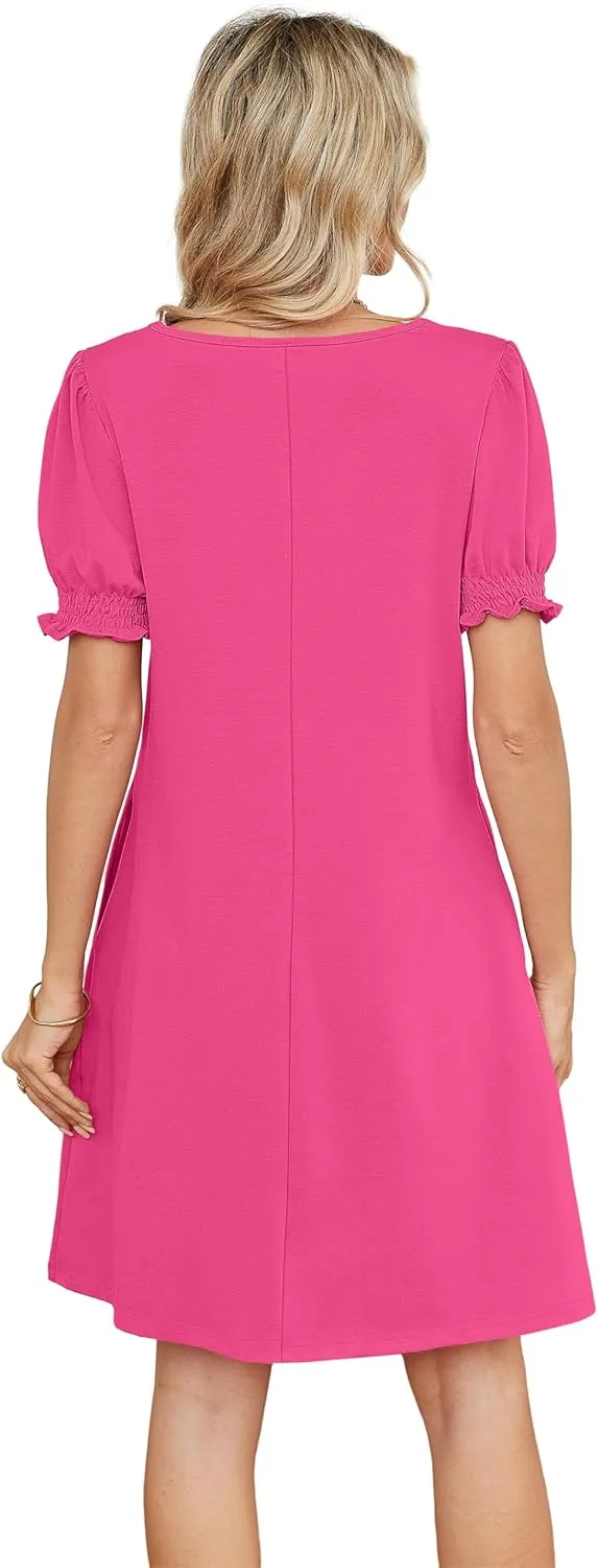 Summer Dresses for Women 2025 Casual Cute Square Neck Puff Short Sleeve Dress with Pockets