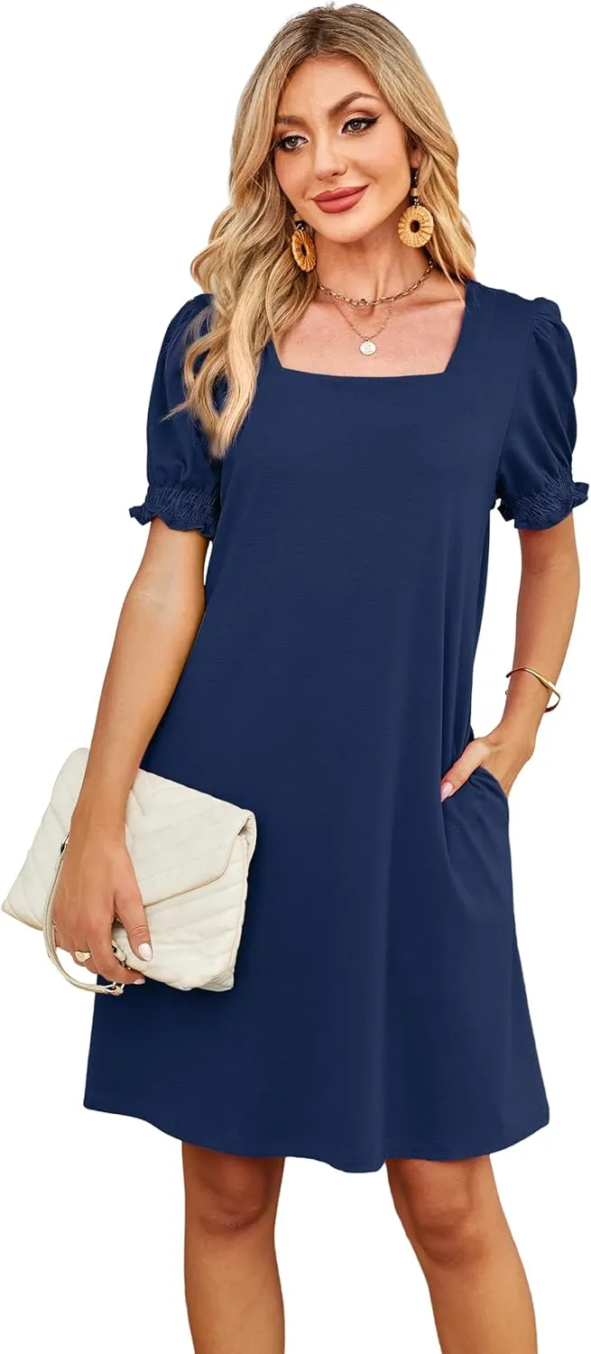 Summer Dresses for Women 2025 Casual Cute Square Neck Puff Short Sleeve Dress with Pockets