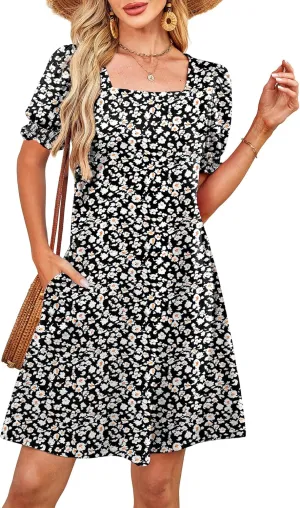 Summer Dresses for Women 2025 Casual Cute Square Neck Puff Short Sleeve Dress with Pockets