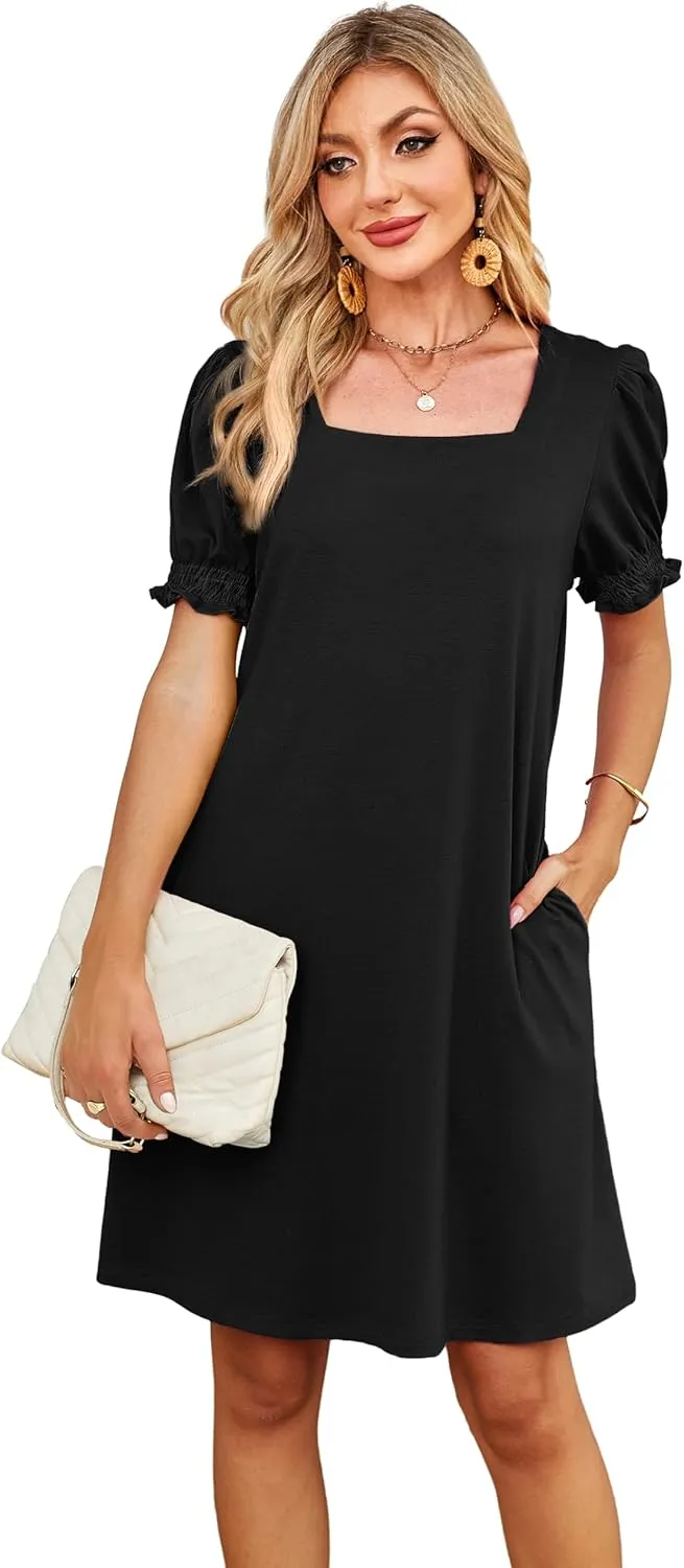 Summer Dresses for Women 2025 Casual Cute Square Neck Puff Short Sleeve Dress with Pockets