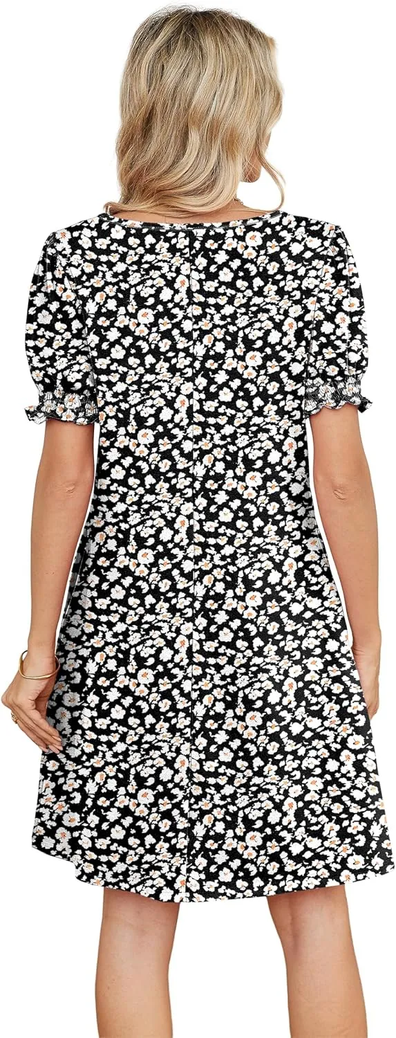 Summer Dresses for Women 2025 Casual Cute Square Neck Puff Short Sleeve Dress with Pockets