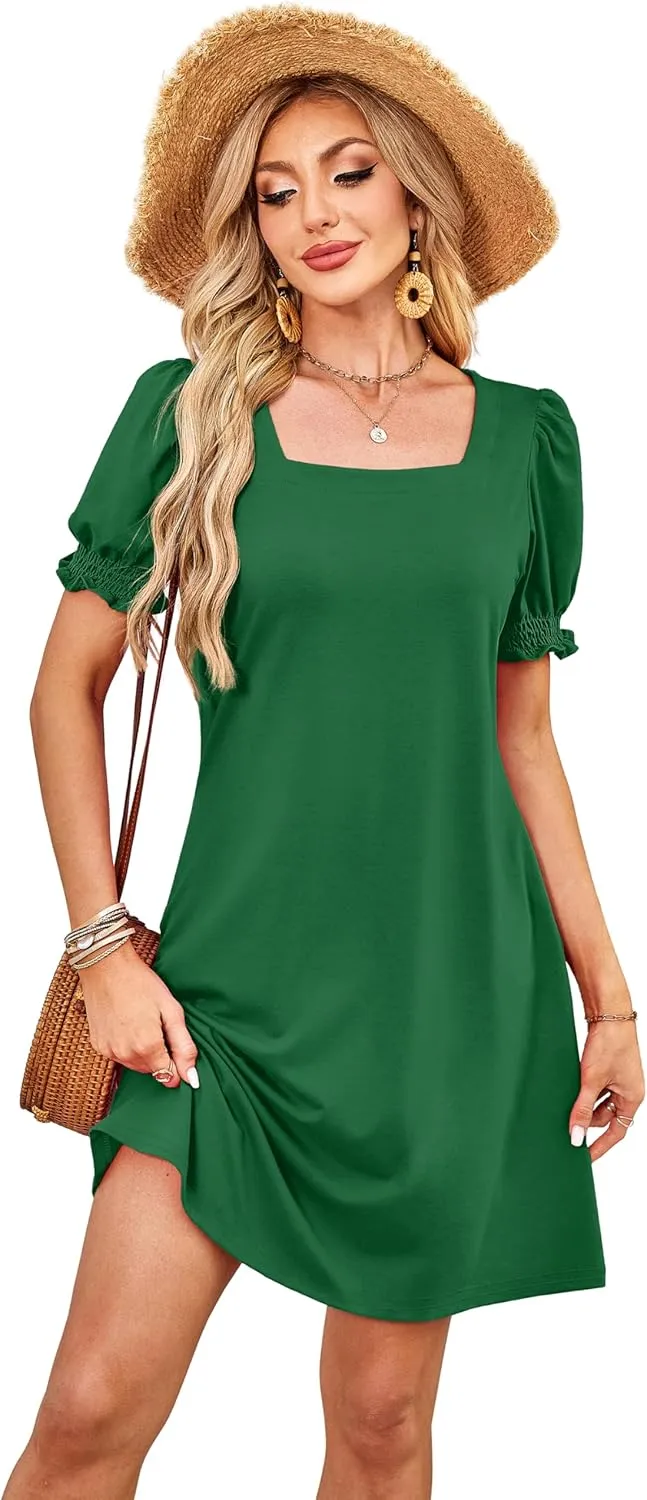 Summer Dresses for Women 2025 Casual Cute Square Neck Puff Short Sleeve Dress with Pockets