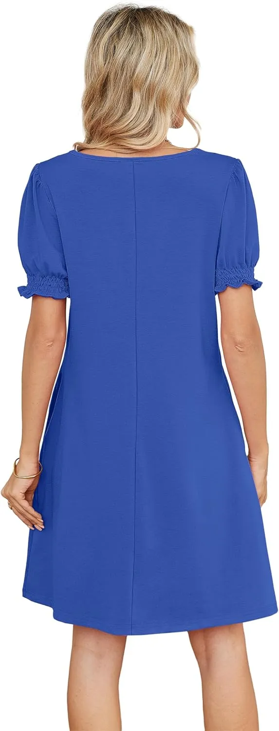 Summer Dresses for Women 2025 Casual Cute Square Neck Puff Short Sleeve Dress with Pockets