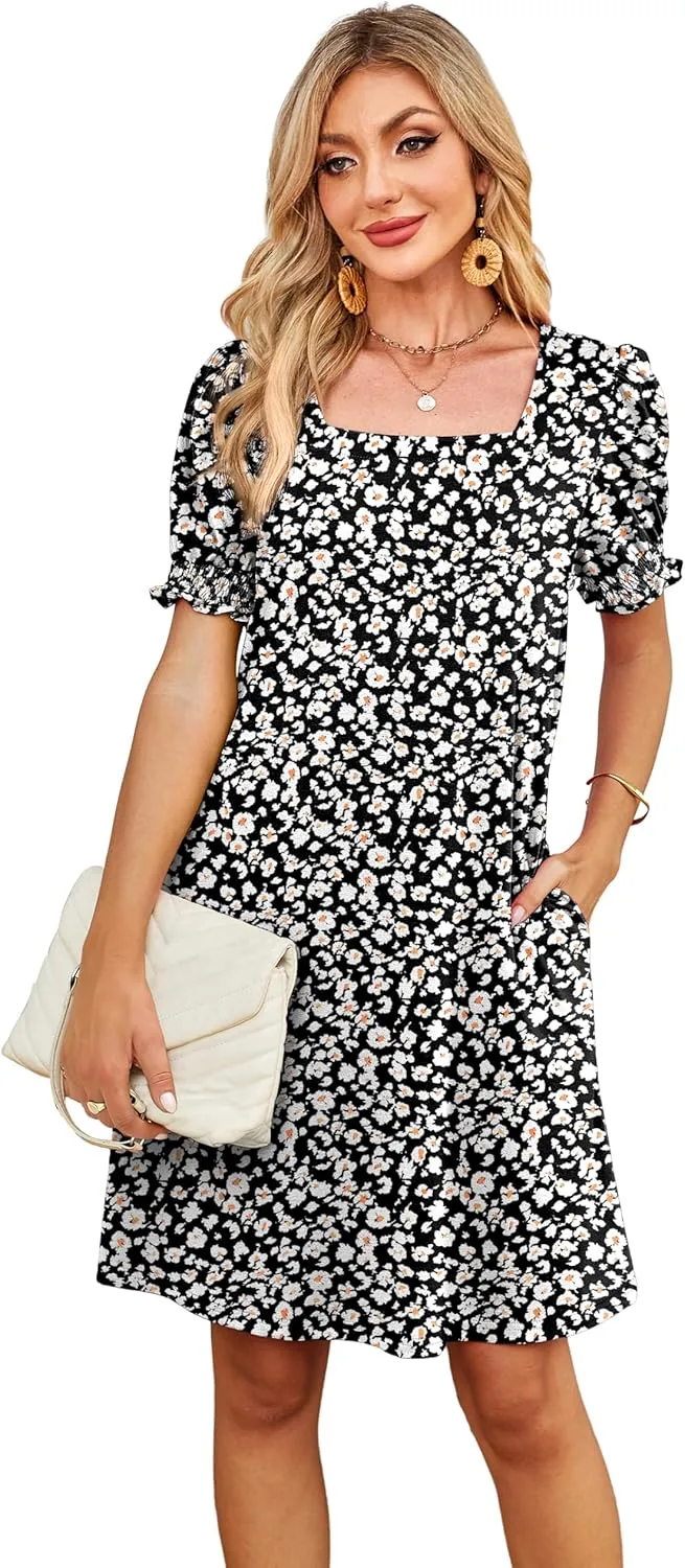Summer Dresses for Women 2025 Casual Cute Square Neck Puff Short Sleeve Dress with Pockets