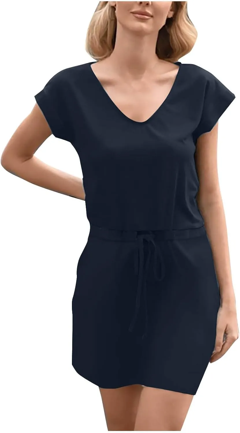Summer Dresses for Women 2025,Casual Sun Dresses Short Sleeve v Neck Beach Vacation midi Dresses with Pockets
