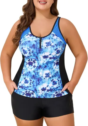 Summer Mae Zip Front Plus Size Tankini Swimsuit Women Two Piece Sport Bathing Suit with Pockets Shorts Tummy Control Swimwear