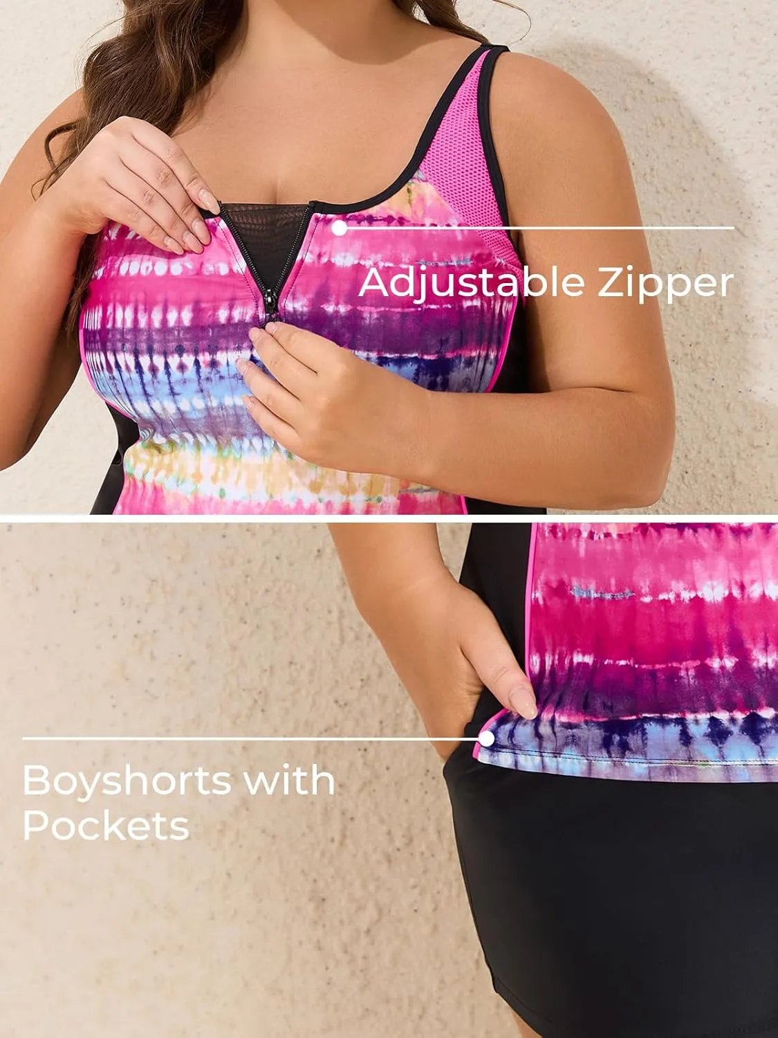 Summer Mae Zip Front Plus Size Tankini Swimsuit Women Two Piece Sport Bathing Suit with Pockets Shorts Tummy Control Swimwear